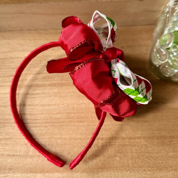 Girls Red & Green Argyle Christmas Bow Headband | Layered Bow Headband - Picture 5 of 9